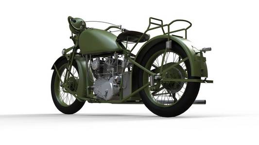 第二十世纪30s 代的一辆旧绿色摩托车。白色背景上带有阴影的平面图