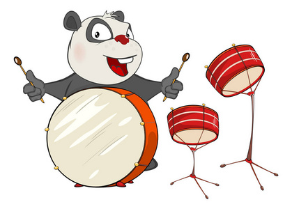 可爱的熊猫鼓手的插图。卡通人物