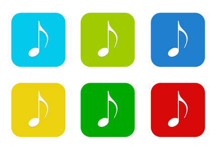 带蓝色绿色黄色青色和红色的带有音乐符号的圆形正方形彩色平面图标集