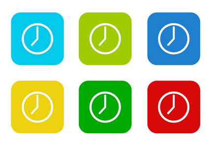 一组圆形方形彩色平面图标, 带有蓝色绿色黄色青色和红色的时钟符号