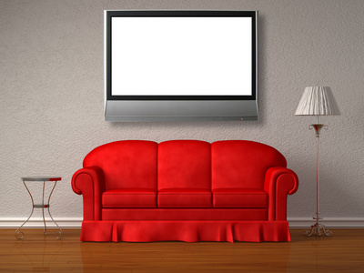 红色沙发桌和立灯与液晶电视白色极小