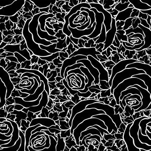 与可爱的玫瑰，单色无缝图案花卉装饰黑色和白色背景