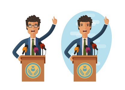 演说家从论坛报发言.矢量平面图照片