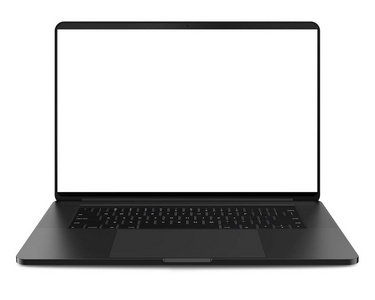 笔记本电脑与空白屏幕隔离在白色背景, 黑色铝车身。整体的焦点。高详细
