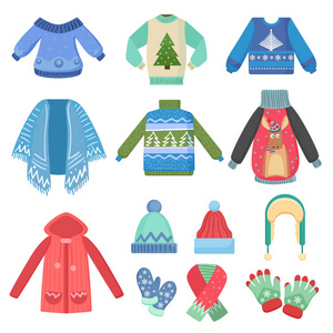 套圣诞设计保暖冬衣。围巾, 冬季帽子, 大衣和帽子, 夹克和手套。冬季时尚矢量插画