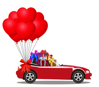 红色卡通敞篷车满载礼品盒和一堆 balloo