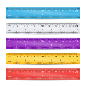 学校塑料尺子矢量。测量工具设备。绚丽多彩。厘米，英寸规模。孤立的插图