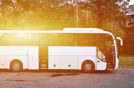 短途旅行的白色旅游巴士。公共汽车停在公园附近的停车场。