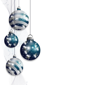 蓝色悬挂的圣诞球。装饰小隔离在白色背景的假日设计。矢量
