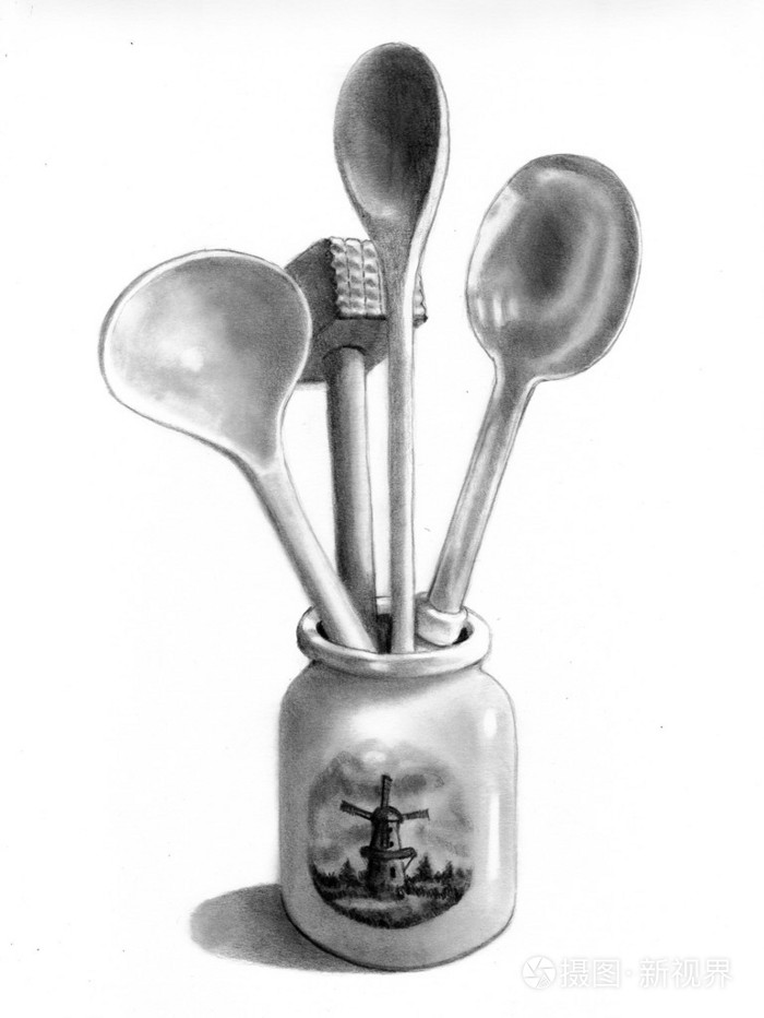 荷兰的瓦罐的铅笔素描画: 厨房用具