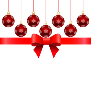 圣诞贺卡模板。红色圣诞球带丝带