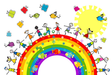 彩虹涂鸦涂鸦儿童在彩虹上玩耍照片