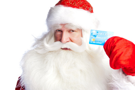 传统的圣诞老人持有信用卡，同时发放信用卡