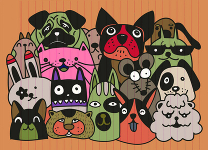 组动物宠物店,家宠物设置,猫狗鼠兔,卡通矢量插画,驯养动物,涂鸦风格