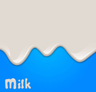 逼真的牛奶掉落, 溅起, 液体在蓝色背景上分离。矢量插图