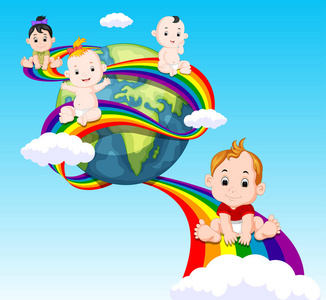 可爱的婴儿在天空彩虹上滑动