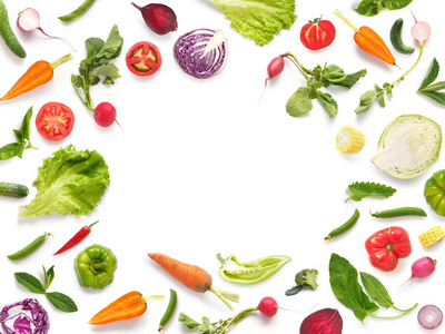白色背景的新鲜蔬菜和水果的框架, 顶部视图