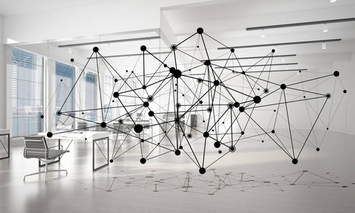 与点相连接的线与现代办公室模糊背景, 网络概念