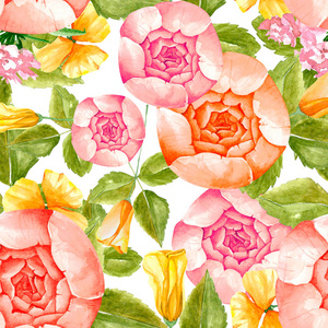 彩色花卉和绿叶的无缝花纹, 水彩插图