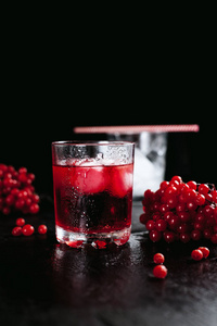 冬季玻璃与红色鸡尾酒和稻草, 玻璃与冰和红色浆果在潮湿的黑色背景
