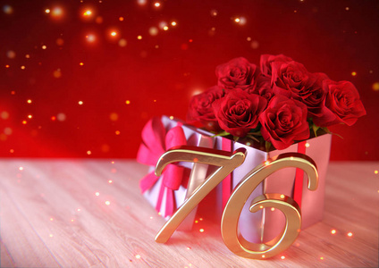 生日概念与红色玫瑰在木桌上的礼物。第七十六。76.3d 渲染
