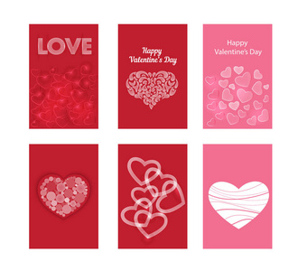 一套情人节贺卡, 红色和粉红色的颜色。设计矢量模板