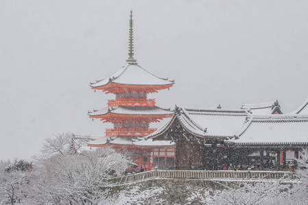 美丽的冬季季节性图像, 红塔在清水研究寺覆盖洁白的雪在京都, 日本