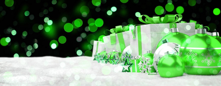 绿色和白色圣诞礼物和小玩意排队 3d 楼效果图