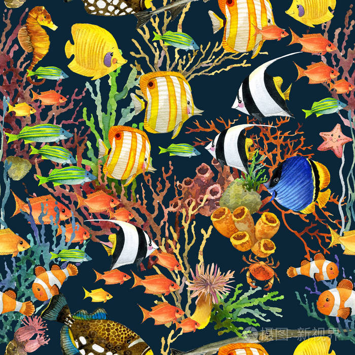 海底世界背景.卡通海鱼水彩插画