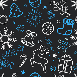 圣诞手画无缝图案。圣诞树装饰, 雪花, 礼物。寒假。矢量插图 Eps10