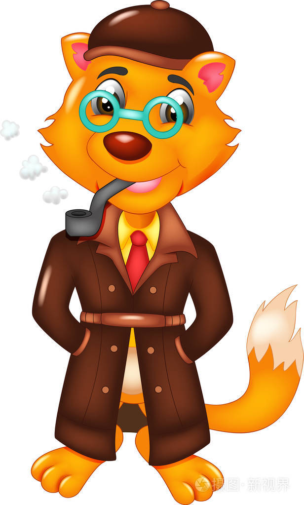 滑稽的狐狸卡通站在吸烟和微笑