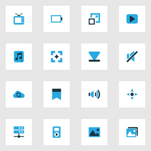 音乐色彩鲜艳的图标集。播放器 电视 云计算和其他元素的集合。此外包括符号，例如扩音器，开始，屏幕