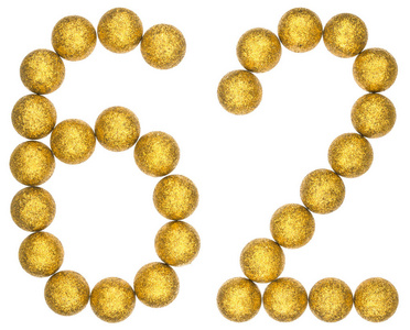 二球数字 62, 六十二, 从装饰球, 在白色隔离照片