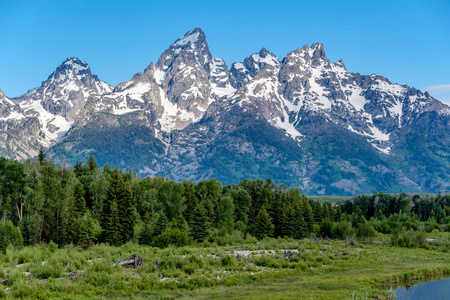 大提顿山从 Schwabacher 的降落在蛇河的早晨。大提顿国家公园, 怀俄明州, 美国