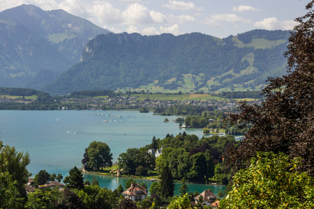 Thuner 湖附近图恩城市在瑞士在阿尔卑斯