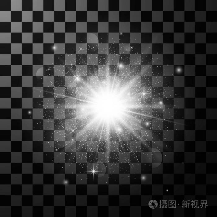 发光光源效果元素.星光绽放, 闪耀在黑暗透明的背景下.矢量插图