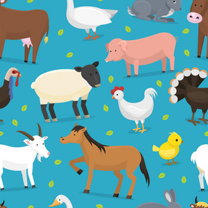 农场矢量动物家畜, 鸡, 猪, 火鸡, 恰克, 马和绵羊农民动物集插图农业无缝模式背景