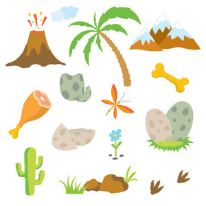 恐龙足迹，火山 棕榈树 石 骨和仙人掌