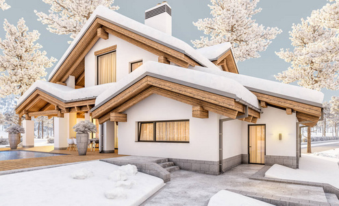 3d 渲染的木屋风格现代舒适的家