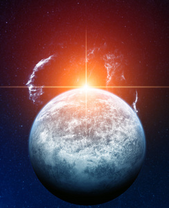 科幻小说在外星球上卡通太空火箭宇宙的星球背景的光辉.