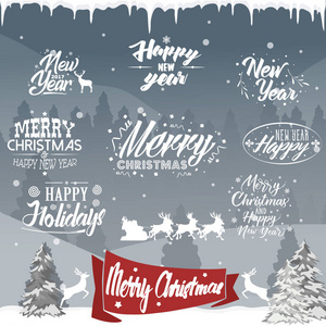 圣诞节排版和书法的元素，复古的标签，帧与圣诞快乐，节日快乐美好的祝愿