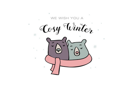 两只熊裹着一条围巾。冬季时间矢量插图。温馨的圣诞