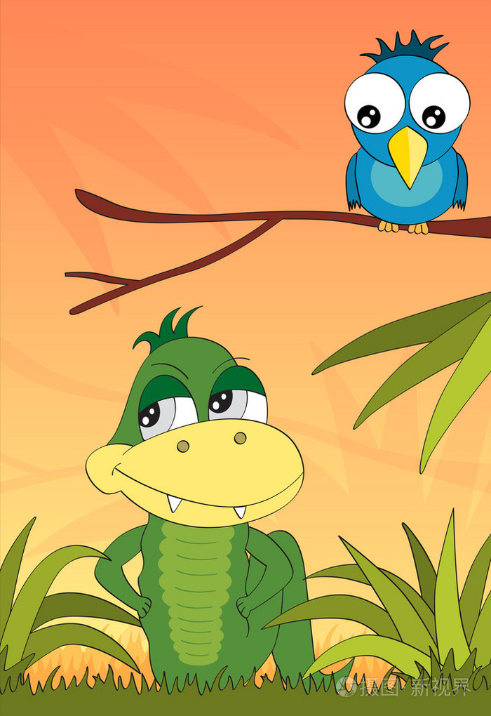 鳄鱼和鸟在丛林矢量书插图