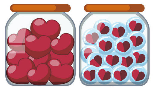 两个装满心脏形状的罐子