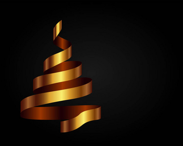 金色的圣诞树, 黑色背景的丝带。矢量插图。结婚圣诞快乐新年海报, 传单, 咬紧牙关卡或横幅