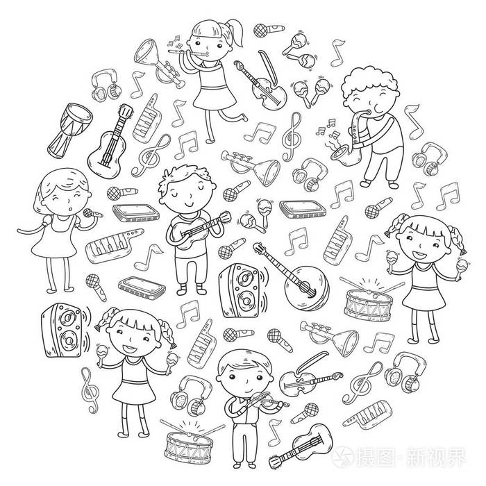 儿童音乐学校矢量插画孩子唱歌, 演奏乐器幼儿园涂鸦图标儿童音乐课的