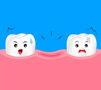 牙齿缺牙卡通.可爱的卡通牙科护理概念.在蓝色背景上隔离的插图照片