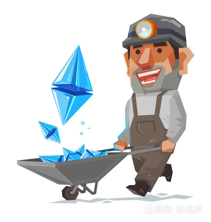 矿工和 ethereum 矿物, cryptocurrency 标志和标志, 汽车插画-正版商