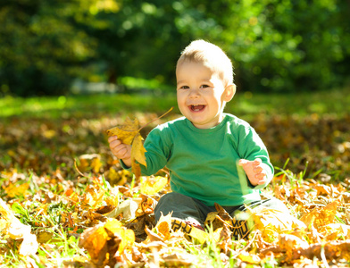 小男孩在秋天公园玩