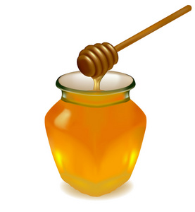 一罐蜂蜜和木制吹风机。 矢量。